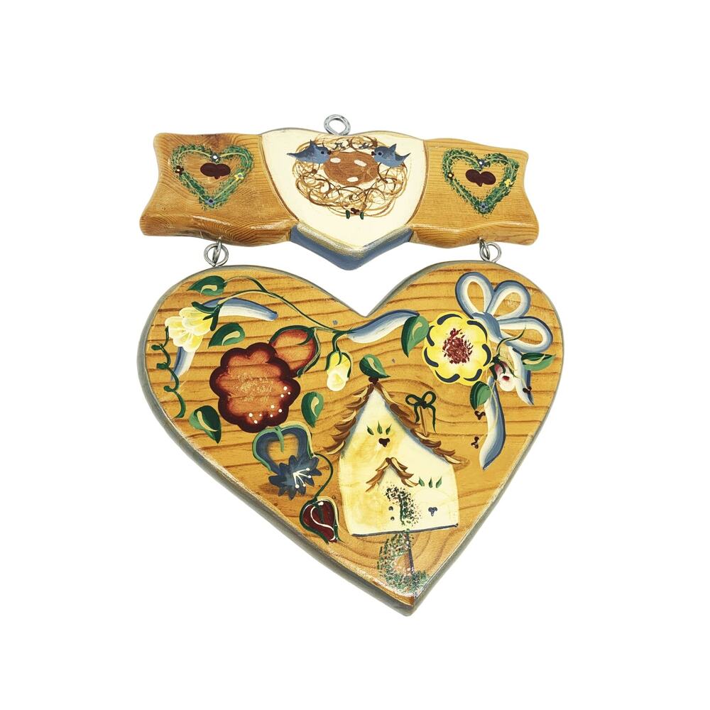 Vintage Hand Painted Bird Nest House Folk Art 90’s Wall Decor Heart Sign Signed